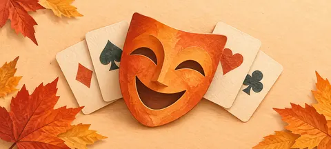 Paper-cut theatre mask with playing cards and autumn leaves